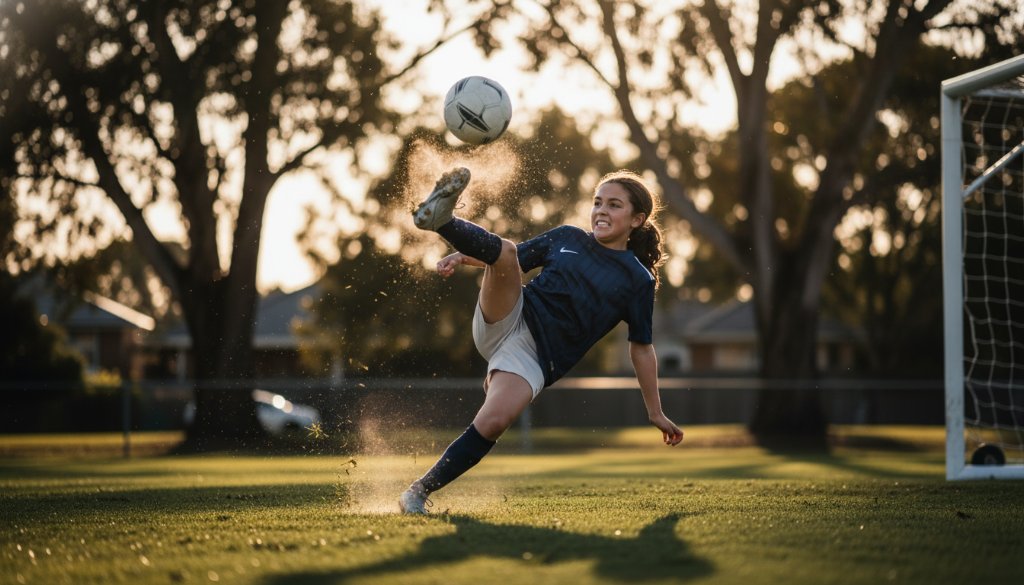 An incredibly dynamic Mont Albert junior sports photography moment, capturing a young cricket player mid-swing, bathed in golden hour light on a local oval, showing intense focus and athletic prowess, with a blurred Mont Albert residential background.