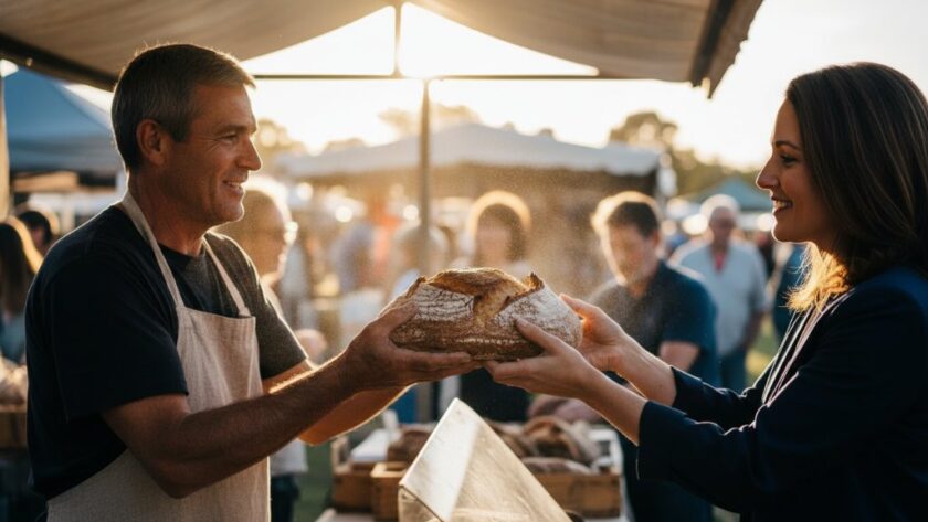Dynamic Mount Clear editorial photojournalism capturing an epic moment: A passionate local artisan showcasing their craft with dramatic backlighting at a bustling Mount Clear market, evoking a sense of creativity and community spirit, professional photojournalistic style.