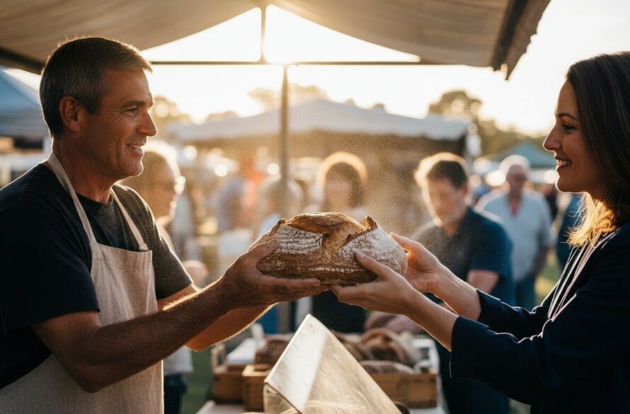 Dynamic Mount Clear editorial photojournalism capturing an epic moment: A passionate local artisan showcasing their craft with dramatic backlighting at a bustling Mount Clear market, evoking a sense of creativity and community spirit, professional photojournalistic style.