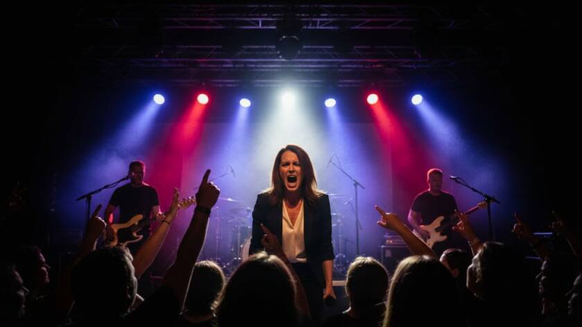 Dynamic Narre Warren South concert photography capturing an epic moment: a lead guitarist in mid-solo, bathed in dramatic stage lights, with a cheering crowd blurred in the background, conveying intense energy.