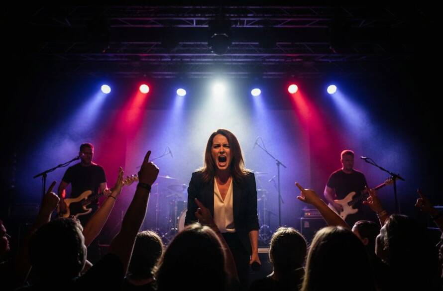 Dynamic Narre Warren South concert photography capturing an epic moment: a lead guitarist in mid-solo, bathed in dramatic stage lights, with a cheering crowd blurred in the background, conveying intense energy.