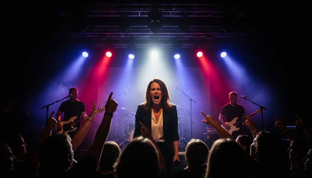 Dynamic Narre Warren South concert photography capturing an epic moment: a lead guitarist in mid-solo, bathed in dramatic stage lights, with a cheering crowd blurred in the background, conveying intense energy.