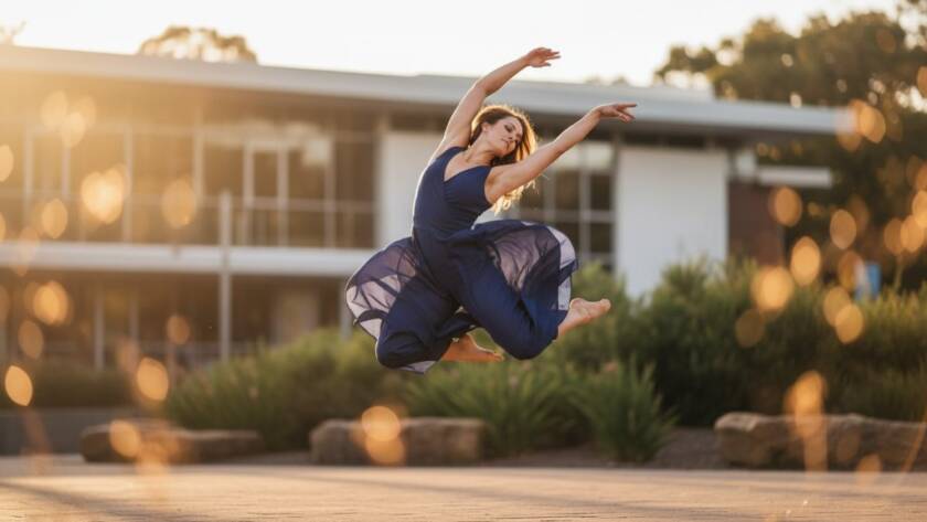 An ethereal and dynamic Nunawading dance photography capturing passion, showing a contemporary dancer mid-air in a dramatic leap against a softly blurred, golden hour backdrop of the Nunawading Library's modern architecture, bathed in warm, cinematic light.
