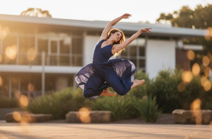 An ethereal and dynamic Nunawading dance photography capturing passion, showing a contemporary dancer mid-air in a dramatic leap against a softly blurred, golden hour backdrop of the Nunawading Library's modern architecture, bathed in warm, cinematic light.