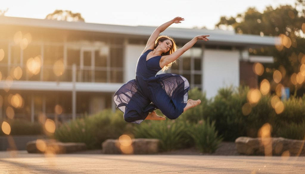 An ethereal and dynamic Nunawading dance photography capturing passion, showing a contemporary dancer mid-air in a dramatic leap against a softly blurred, golden hour backdrop of the Nunawading Library's modern architecture, bathed in warm, cinematic light.