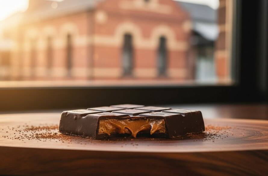 Dynamic Ormond product photography for local businesses: An epic moment capture of a bespoke handcrafted item, perhaps a gourmet coffee blend or artisan candle, dramatically lit on a rustic timber table at sunset, evoking warmth and quality, with a subtle Ormond street scene blurred in the background, professional colour grading.