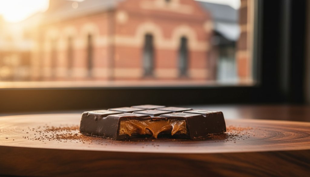 Dynamic Ormond product photography for local businesses: An epic moment capture of a bespoke handcrafted item, perhaps a gourmet coffee blend or artisan candle, dramatically lit on a rustic timber table at sunset, evoking warmth and quality, with a subtle Ormond street scene blurred in the background, professional colour grading.