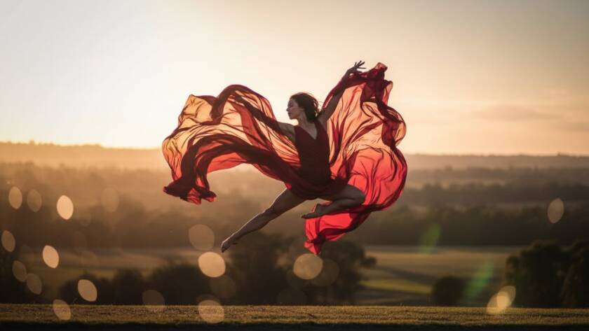 A professional, dramatically lit photograph capturing a dancer mid-air in an awe-inspiring leap, embodying dynamic Pakenham dance photography capturing expressive movement, set against a subtly blurred Pakenham natural landscape at dusk.