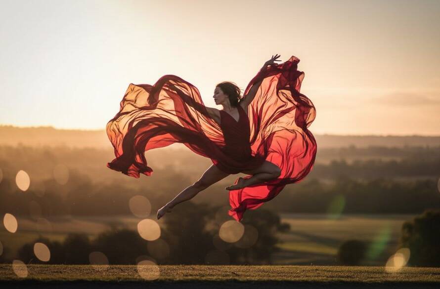 A professional, dramatically lit photograph capturing a dancer mid-air in an awe-inspiring leap, embodying dynamic Pakenham dance photography capturing expressive movement, set against a subtly blurred Pakenham natural landscape at dusk.