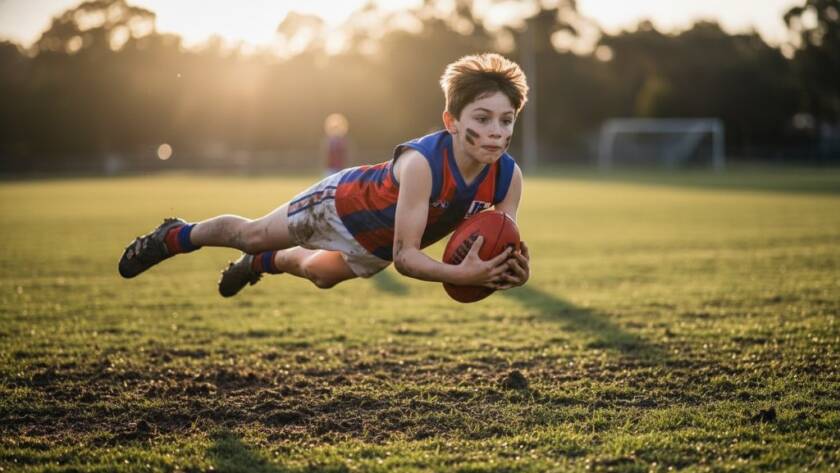 A young athlete in an epic moment during dynamic Park Orchards junior sports photography, diving for a ball on a sunny field, with dramatic lighting highlighting their determined expression and the action.