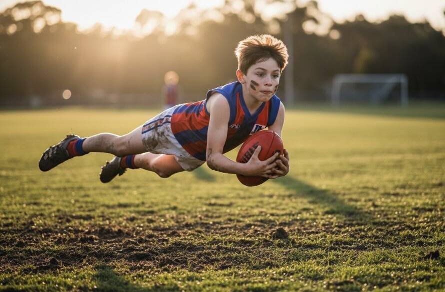 A young athlete in an epic moment during dynamic Park Orchards junior sports photography, diving for a ball on a sunny field, with dramatic lighting highlighting their determined expression and the action.