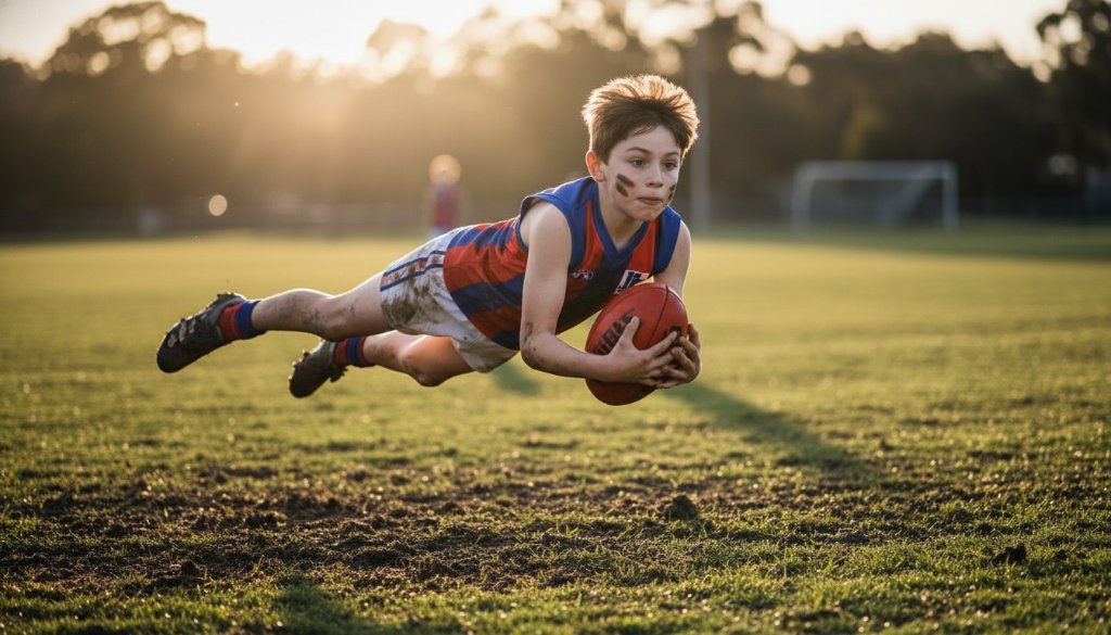 A young athlete in an epic moment during dynamic Park Orchards junior sports photography, diving for a ball on a sunny field, with dramatic lighting highlighting their determined expression and the action.