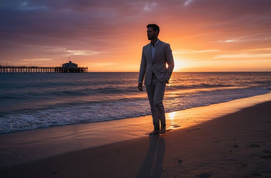 A captivating wide-angle shot capturing dynamic Parkdale editorial photography stories, featuring a stylish individual silhouetted against a vibrant sunset over Parkdale Beach, conveying narrative and brand essence with dramatic golden hour lighting.