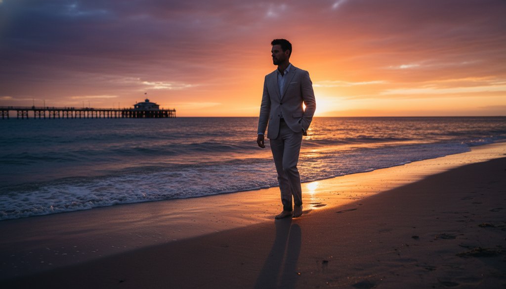 A captivating wide-angle shot capturing dynamic Parkdale editorial photography stories, featuring a stylish individual silhouetted against a vibrant sunset over Parkdale Beach, conveying narrative and brand essence with dramatic golden hour lighting.
