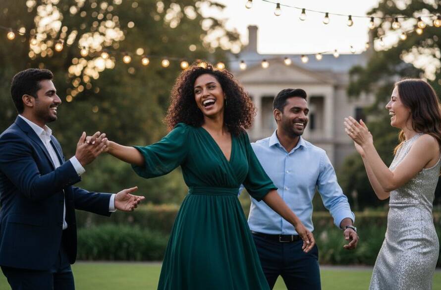 Close-up of guests laughing joyously under string lights at a vibrant outdoor party in Werribee, expertly captured with dynamic party photography Werribee for unforgettable celebrations.