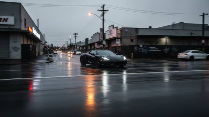 Dynamic performance car photography Dandenong South: A powerful, sleek black sports car speeds through a dramatic, rain-slicked industrial street in Dandenong South at twilight, headlights blazing, capturing an epic moment of motion blur and vibrant reflections.