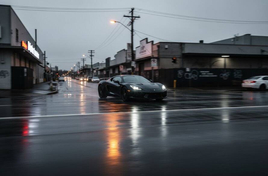 Dynamic performance car photography Dandenong South: A powerful, sleek black sports car speeds through a dramatic, rain-slicked industrial street in Dandenong South at twilight, headlights blazing, capturing an epic moment of motion blur and vibrant reflections.