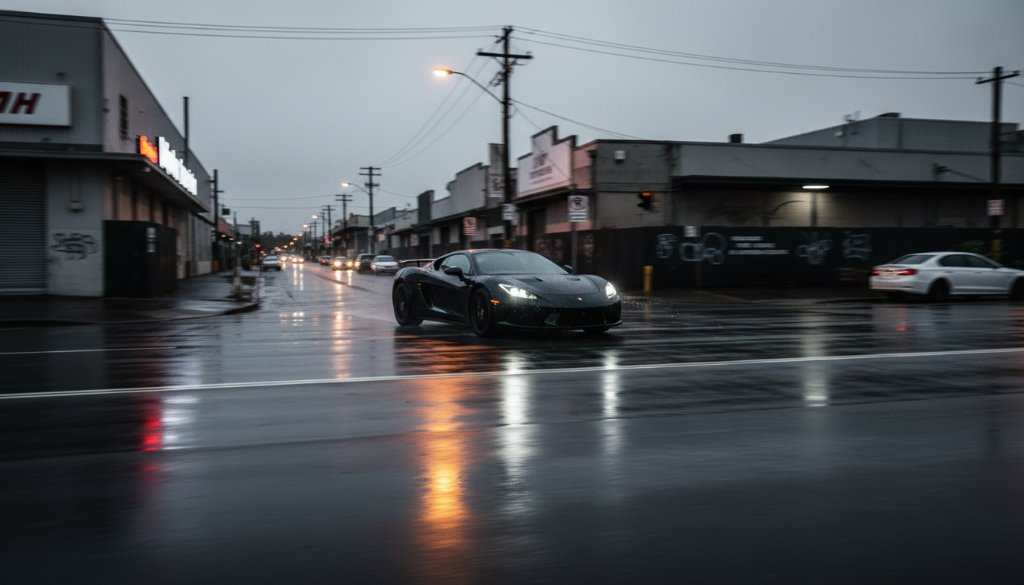 Dynamic performance car photography Dandenong South: A powerful, sleek black sports car speeds through a dramatic, rain-slicked industrial street in Dandenong South at twilight, headlights blazing, capturing an epic moment of motion blur and vibrant reflections.