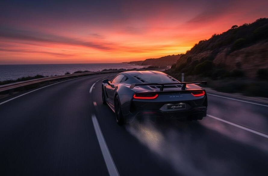 A dramatic low-angle shot of a sleek, dark performance car speeding along a coastal road in Point Cook at sunset, its headlights piercing through the twilight, showcasing dynamic performance car photography Point Cook.