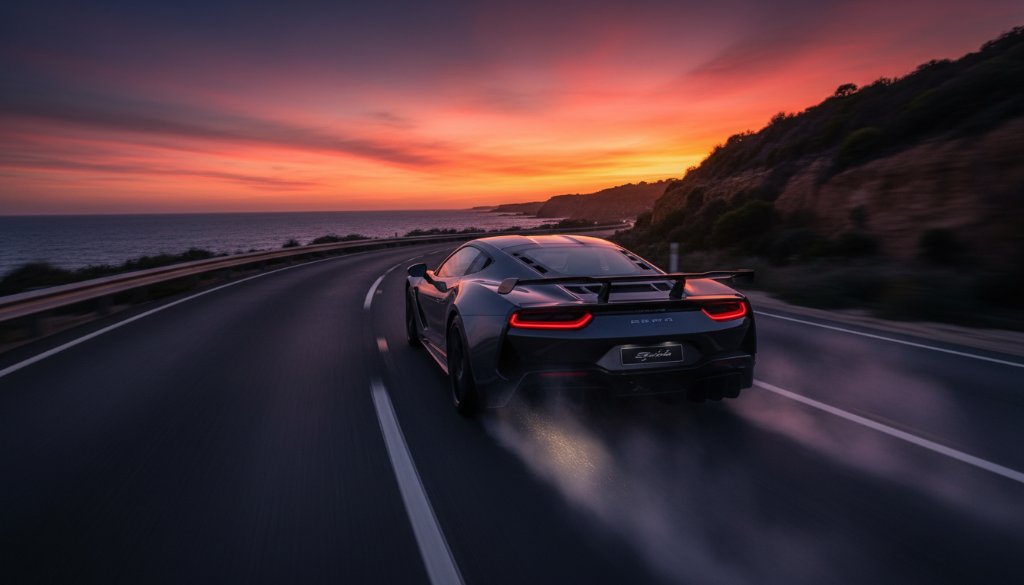 A dramatic low-angle shot of a sleek, dark performance car speeding along a coastal road in Point Cook at sunset, its headlights piercing through the twilight, showcasing dynamic performance car photography Point Cook.