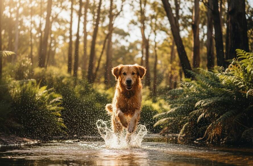 A vibrant and dynamic pet photography Templestowe Lower Reserve scene featuring a happy golden retriever mid-leap over a shallow creek, sun glistening on its fur, with lush green Australian bushland in the background, professional cinematic lighting and colour grading capturing pure joy.