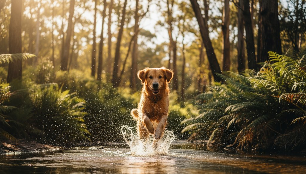 A vibrant and dynamic pet photography Templestowe Lower Reserve scene featuring a happy golden retriever mid-leap over a shallow creek, sun glistening on its fur, with lush green Australian bushland in the background, professional cinematic lighting and colour grading capturing pure joy.