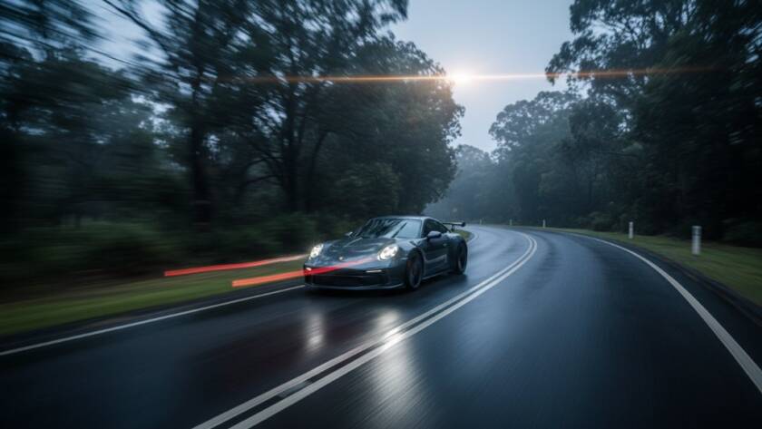 A stunning long exposure photograph showcasing a sleek, dark luxury sports car speeding through a tree-lined road in Templestowe at twilight, with dramatic headlights cutting through the mist, captured using Dynamic Prestige Car Photography Templestowe Victoria techniques for an epic, motion-blurred effect.