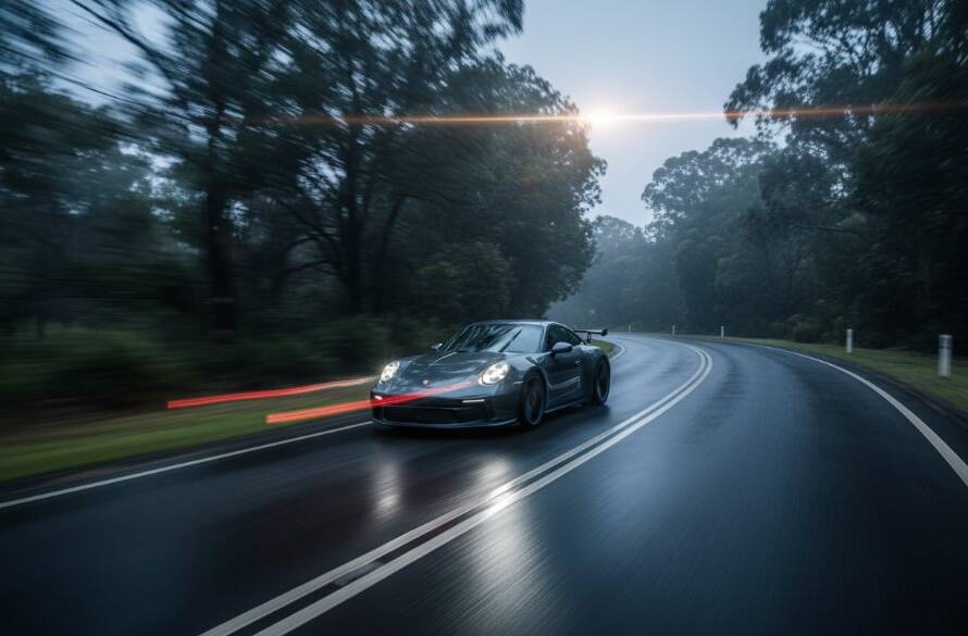A stunning long exposure photograph showcasing a sleek, dark luxury sports car speeding through a tree-lined road in Templestowe at twilight, with dramatic headlights cutting through the mist, captured using Dynamic Prestige Car Photography Templestowe Victoria techniques for an epic, motion-blurred effect.