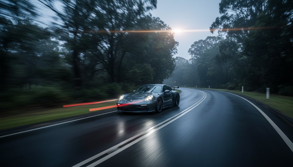 A stunning long exposure photograph showcasing a sleek, dark luxury sports car speeding through a tree-lined road in Templestowe at twilight, with dramatic headlights cutting through the mist, captured using Dynamic Prestige Car Photography Templestowe Victoria techniques for an epic, motion-blurred effect.