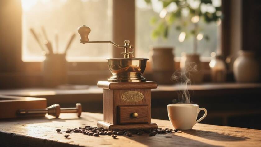 Dramatic close-up of a handcrafted ceramic coffee mug, steam gently rising from within, bathed in golden hour light filtering through eucalyptus leaves in a Forest Hill setting, highlighting its unique texture and craftsmanship. This dynamic product photography captures the essence for vibrant local brands.