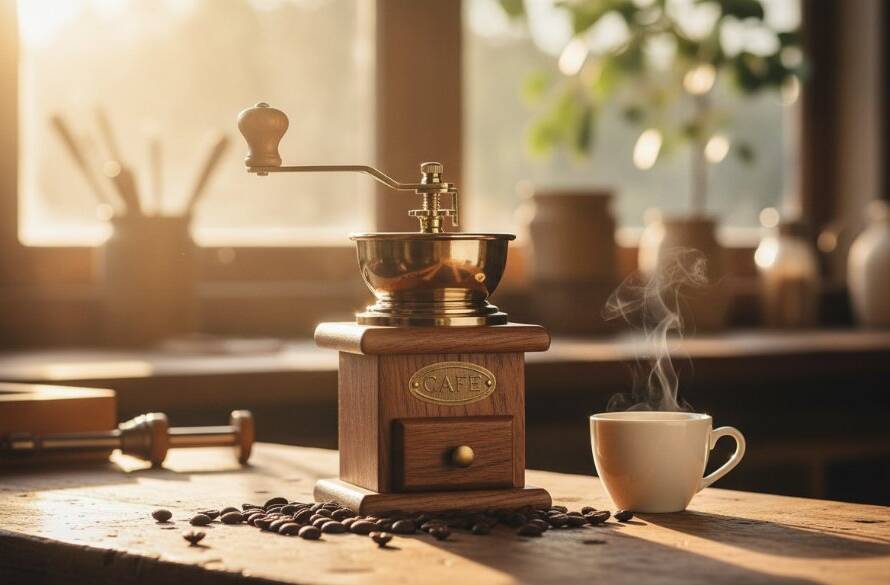 Dramatic close-up of a handcrafted ceramic coffee mug, steam gently rising from within, bathed in golden hour light filtering through eucalyptus leaves in a Forest Hill setting, highlighting its unique texture and craftsmanship. This dynamic product photography captures the essence for vibrant local brands.