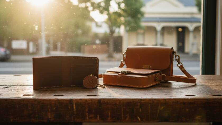 A dramatically lit flat lay of artisanal ceramic mugs and gourmet coffee beans, arranged on a rustic wooden table in a sun-drenched McKinnon cafe, showcasing dynamic product photography McKinnon: elevate your local brand with captivating visuals and rich textures.