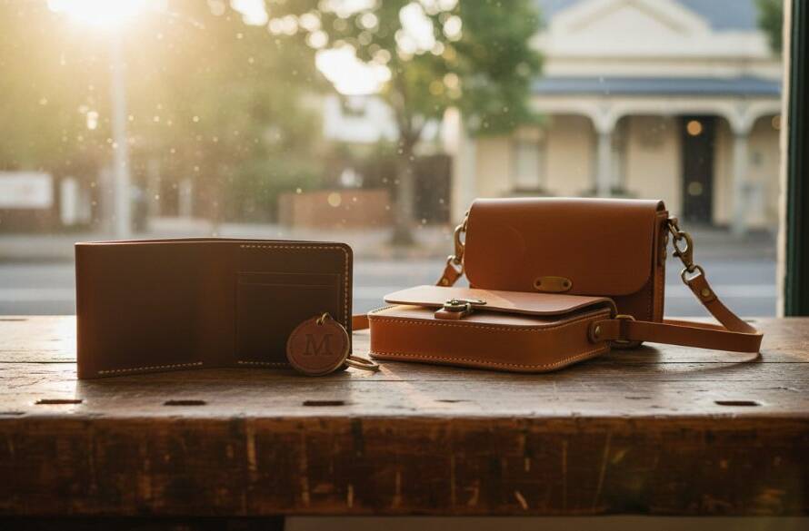 A dramatically lit flat lay of artisanal ceramic mugs and gourmet coffee beans, arranged on a rustic wooden table in a sun-drenched McKinnon cafe, showcasing dynamic product photography McKinnon: elevate your local brand with captivating visuals and rich textures.