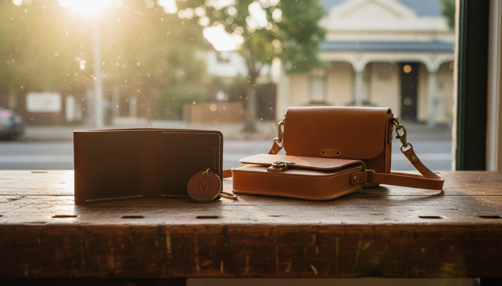 A dramatically lit flat lay of artisanal ceramic mugs and gourmet coffee beans, arranged on a rustic wooden table in a sun-drenched McKinnon cafe, showcasing dynamic product photography McKinnon: elevate your local brand with captivating visuals and rich textures.