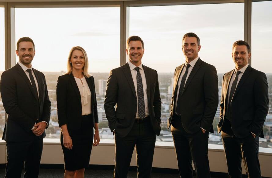 A stunning, color-graded wide shot of a diverse business team smiling confidently during dynamic professional corporate headshots in Box Hill North, with dramatic backlighting from a large office window overlooking greenery, showcasing their unity and professionalism in a modern, sunlit setting.