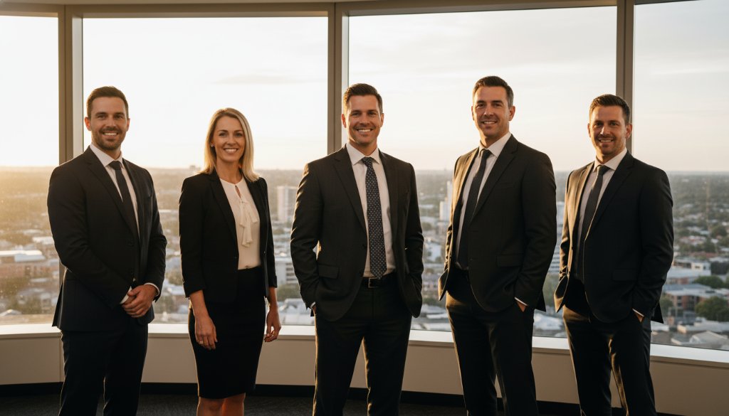 A stunning, color-graded wide shot of a diverse business team smiling confidently during dynamic professional corporate headshots in Box Hill North, with dramatic backlighting from a large office window overlooking greenery, showcasing their unity and professionalism in a modern, sunlit setting.