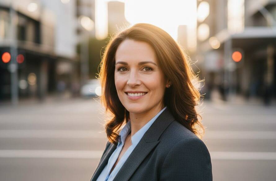 Dramatic, cinematic close-up of a professional looking confident and approachable, showcasing dynamic professional headshots Box Hill South, with soft, directional lighting highlighting their determined expression against a subtly blurred urban background of Box Hill South at dusk.