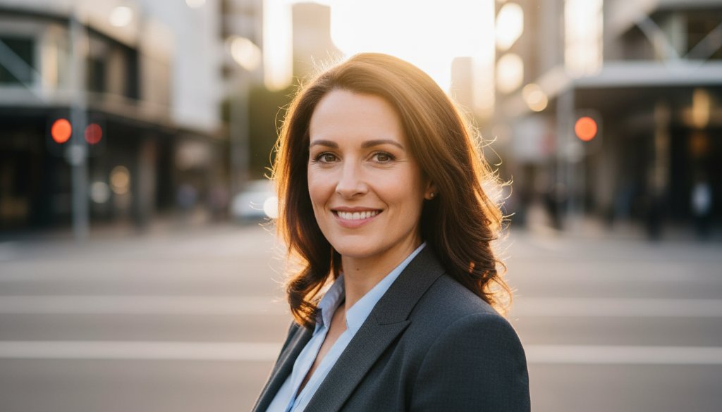 Dramatic, cinematic close-up of a professional looking confident and approachable, showcasing dynamic professional headshots Box Hill South, with soft, directional lighting highlighting their determined expression against a subtly blurred urban background of Box Hill South at dusk.