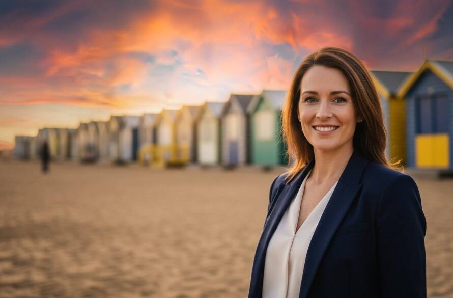 A confident executive, bathed in golden hour light at Brighton Beach, captured in a dynamic professional headshot Brighton Victoria, showcasing their approachable yet powerful presence.