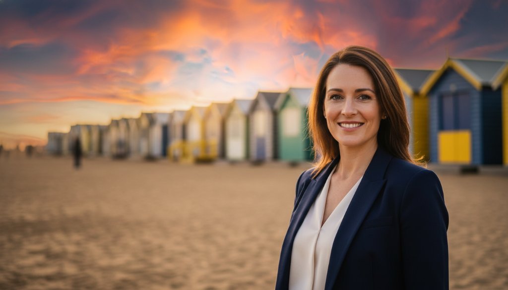 A confident executive, bathed in golden hour light at Brighton Beach, captured in a dynamic professional headshot Brighton Victoria, showcasing their approachable yet powerful presence.