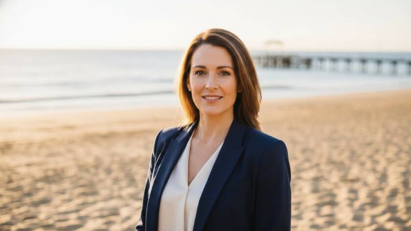 A professional looking confidently towards the horizon, framed by the golden hour light of Carrum beach, illustrating dynamic professional headshots Carrum beachside with a cinematic, empowering feel.