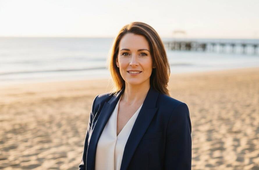 A professional looking confidently towards the horizon, framed by the golden hour light of Carrum beach, illustrating dynamic professional headshots Carrum beachside with a cinematic, empowering feel.