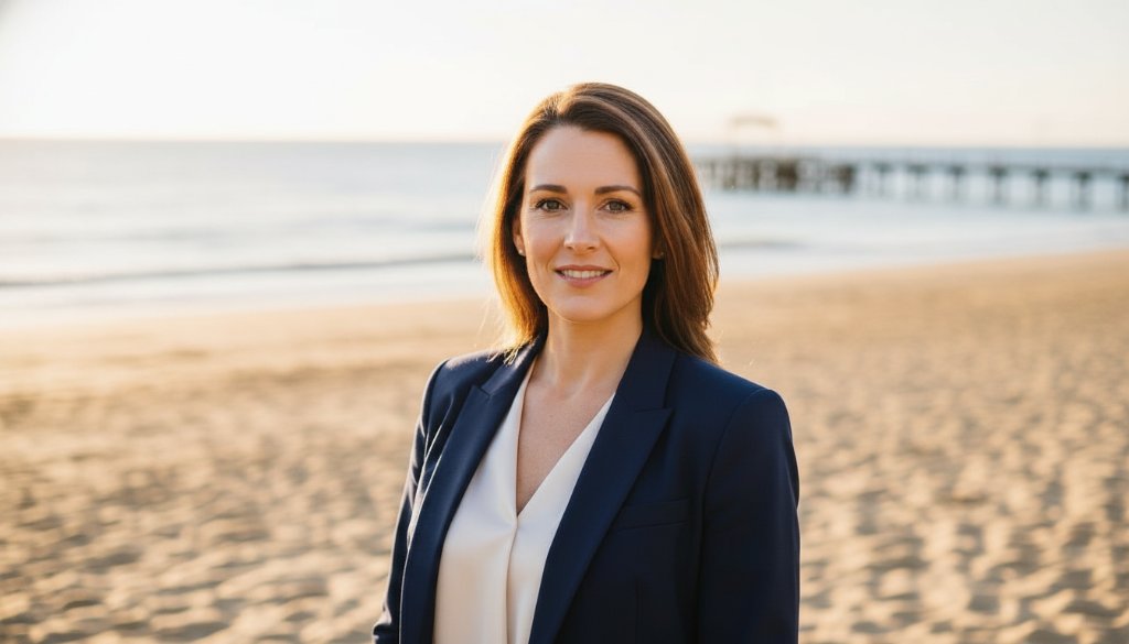 A professional looking confidently towards the horizon, framed by the golden hour light of Carrum beach, illustrating dynamic professional headshots Carrum beachside with a cinematic, empowering feel.