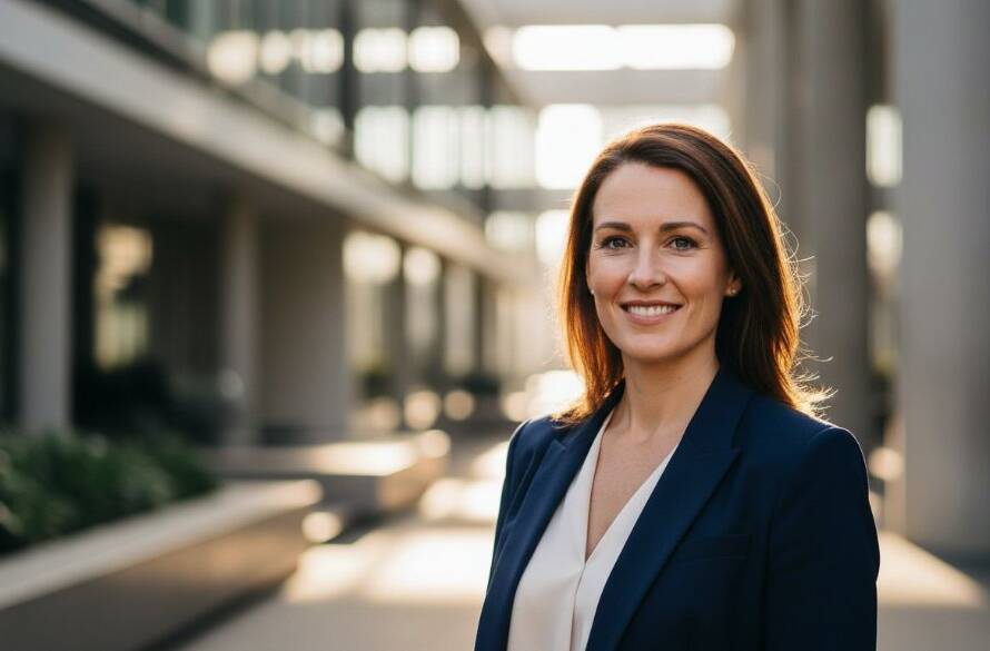 A confident young professional, smiling genuinely against a softly blurred, modern architectural background in Clayton, Victoria, radiating approachability and expertise through dynamic professional headshots. The late afternoon sun casts a warm, soft glow, highlighting their determined expression.