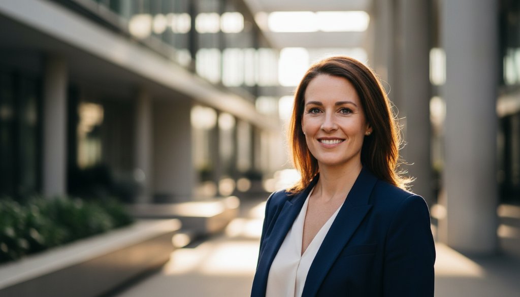 A confident young professional, smiling genuinely against a softly blurred, modern architectural background in Clayton, Victoria, radiating approachability and expertise through dynamic professional headshots. The late afternoon sun casts a warm, soft glow, highlighting their determined expression.