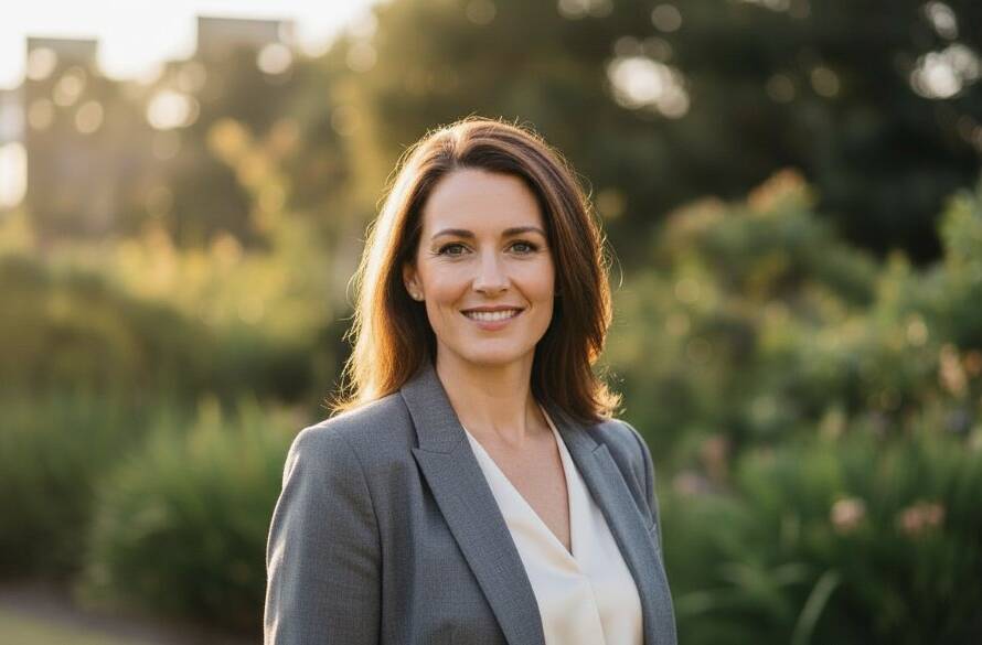An epic moment photograph of a confident professional in Cranbourne South, captured with dynamic professional headshots style. The subject, a modern entrepreneur, stands against a soft-focus backdrop of natural Australian bushland, perhaps near the Cranbourne Botanic Gardens, illuminated by golden hour light, with a warm, inviting expression that conveys approachability and expertise.