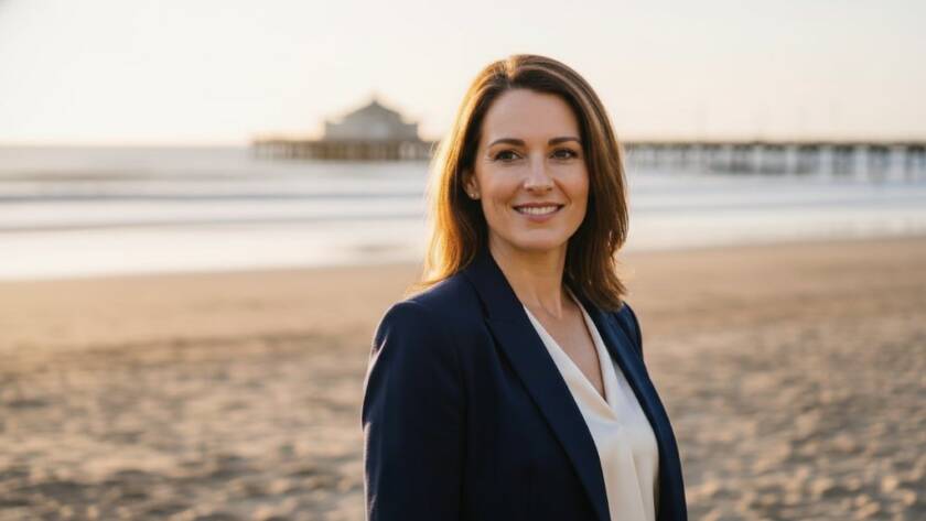 A stunning, dramatic portrait showcasing a professional individual in Seaford, Victoria, exuding confidence against a subtly blurred coastal backdrop, perfect for Dynamic Professional Headshots Seaford Victoria for Career Advancement, with cinematic lighting highlighting their determined expression.