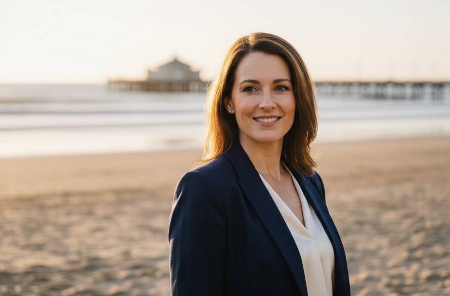 A stunning, dramatic portrait showcasing a professional individual in Seaford, Victoria, exuding confidence against a subtly blurred coastal backdrop, perfect for Dynamic Professional Headshots Seaford Victoria for Career Advancement, with cinematic lighting highlighting their determined expression.