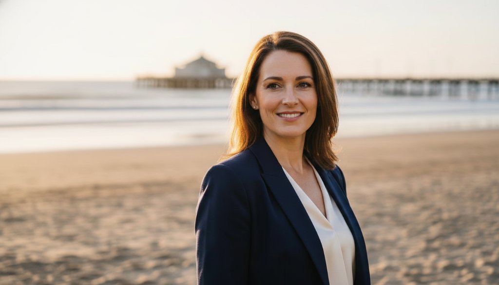 A stunning, dramatic portrait showcasing a professional individual in Seaford, Victoria, exuding confidence against a subtly blurred coastal backdrop, perfect for Dynamic Professional Headshots Seaford Victoria for Career Advancement, with cinematic lighting highlighting their determined expression.