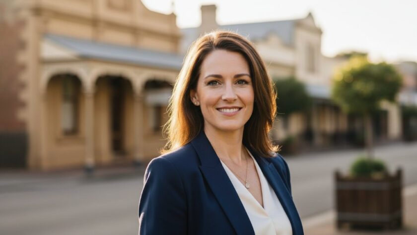 Dynamic Professional Headshots Sebastopol Victoria for Career Growth showing a confident professional illuminated by dramatic golden hour light, standing against a blurred historic Sebastopol streetscape, reflecting ambition and expertise.